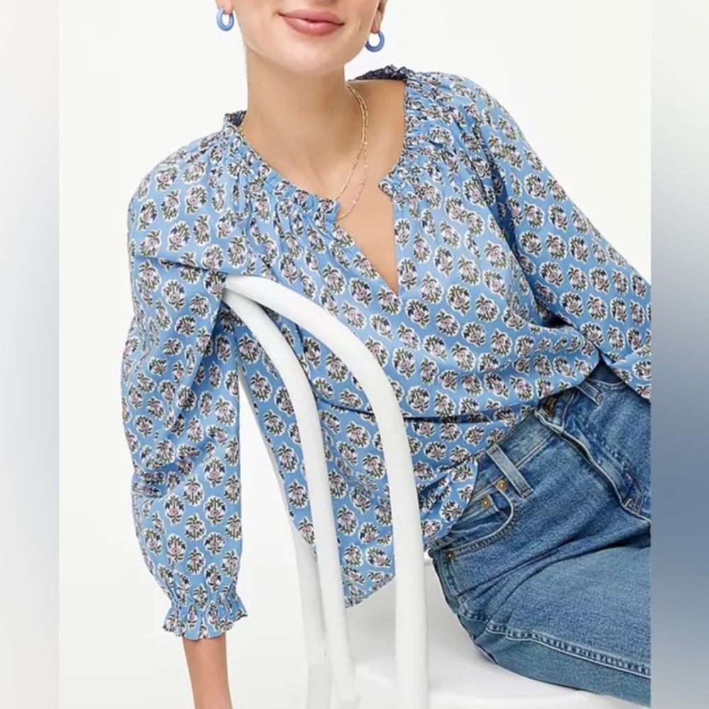 J CREW Factory 100% Cotton Floral Block Print Cotton artist top XL blue
